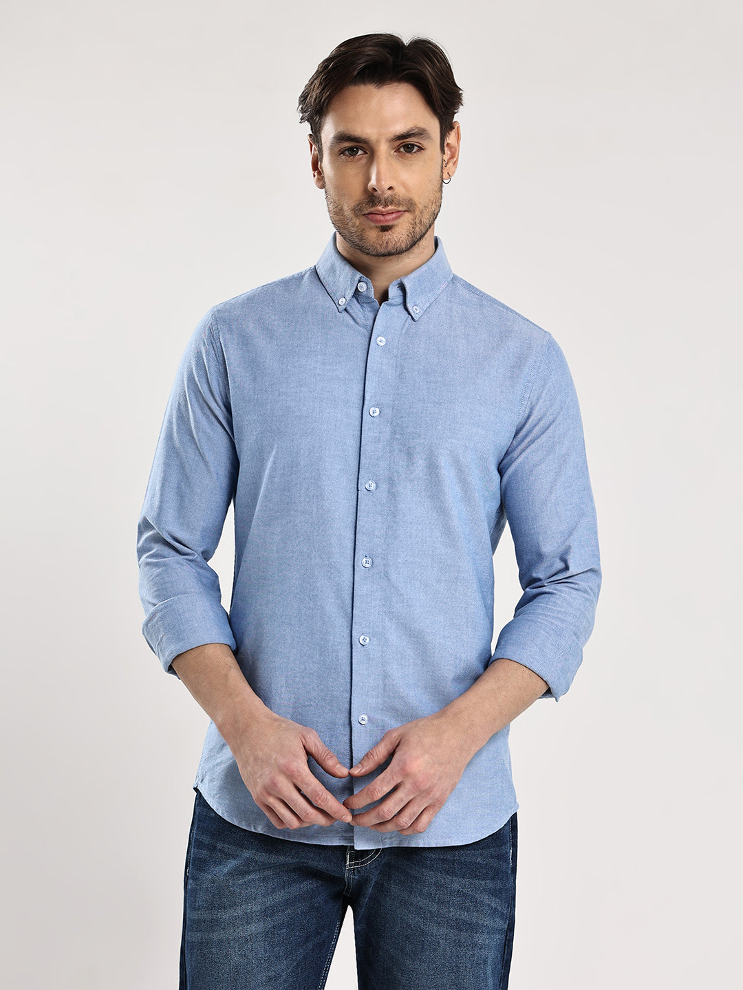 HangerLoop Men’s 100% Cotton Oxford Yarn Dyed Full Sleeve Shirt – Button Down Collar | Regular Fit - Sku Blue