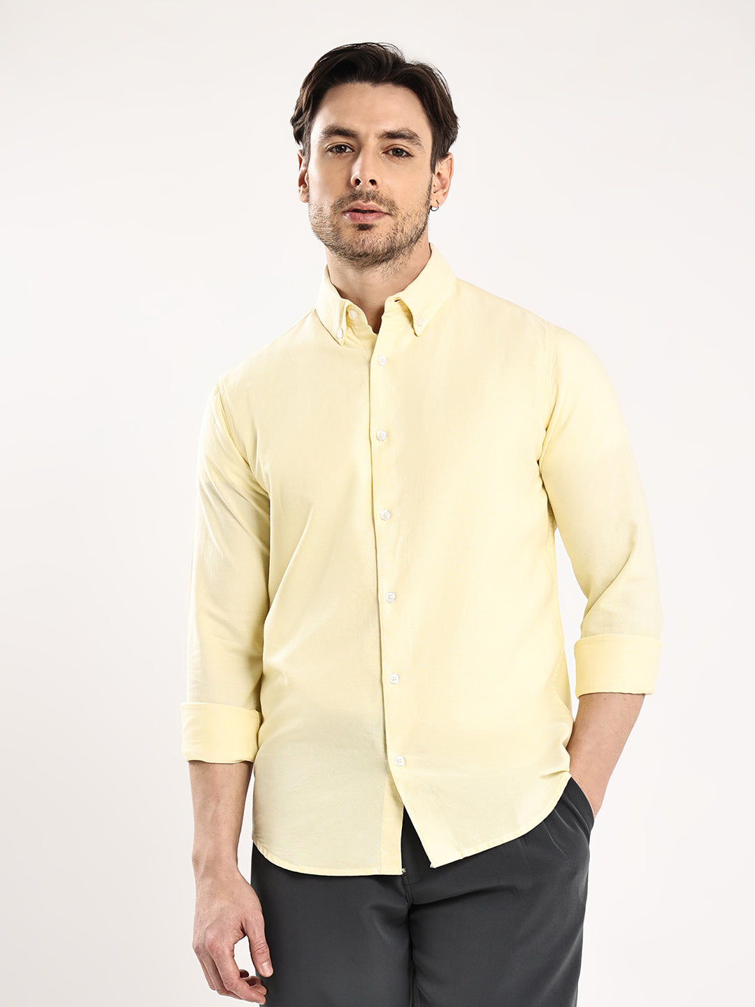 HangerLoop Men’s 100% Cotton Oxford Yarn Dyed Full Sleeve Shirt – Button Down Collar | Regular Fit - Yellow