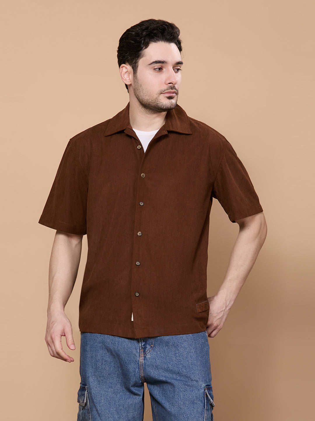 Relaxed Fit Half Sleeve Classic Corduroy Shirt - Brown