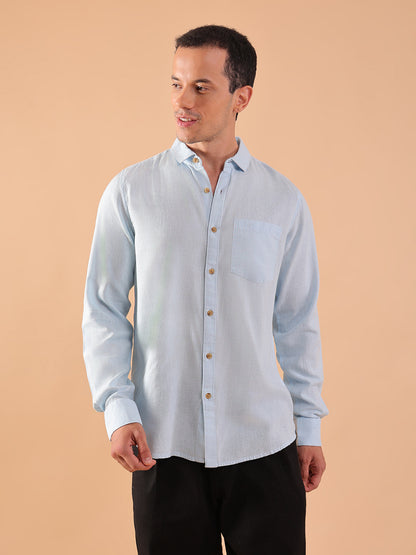 Men's Pure Linen Full Sleeve Shirt - Regular Fit, Cutaway Collar - Blue