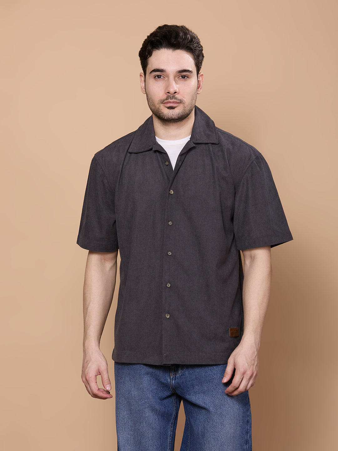 Relaxed Fit Half Sleeve Classic Corduroy Shirt - Dark Grey