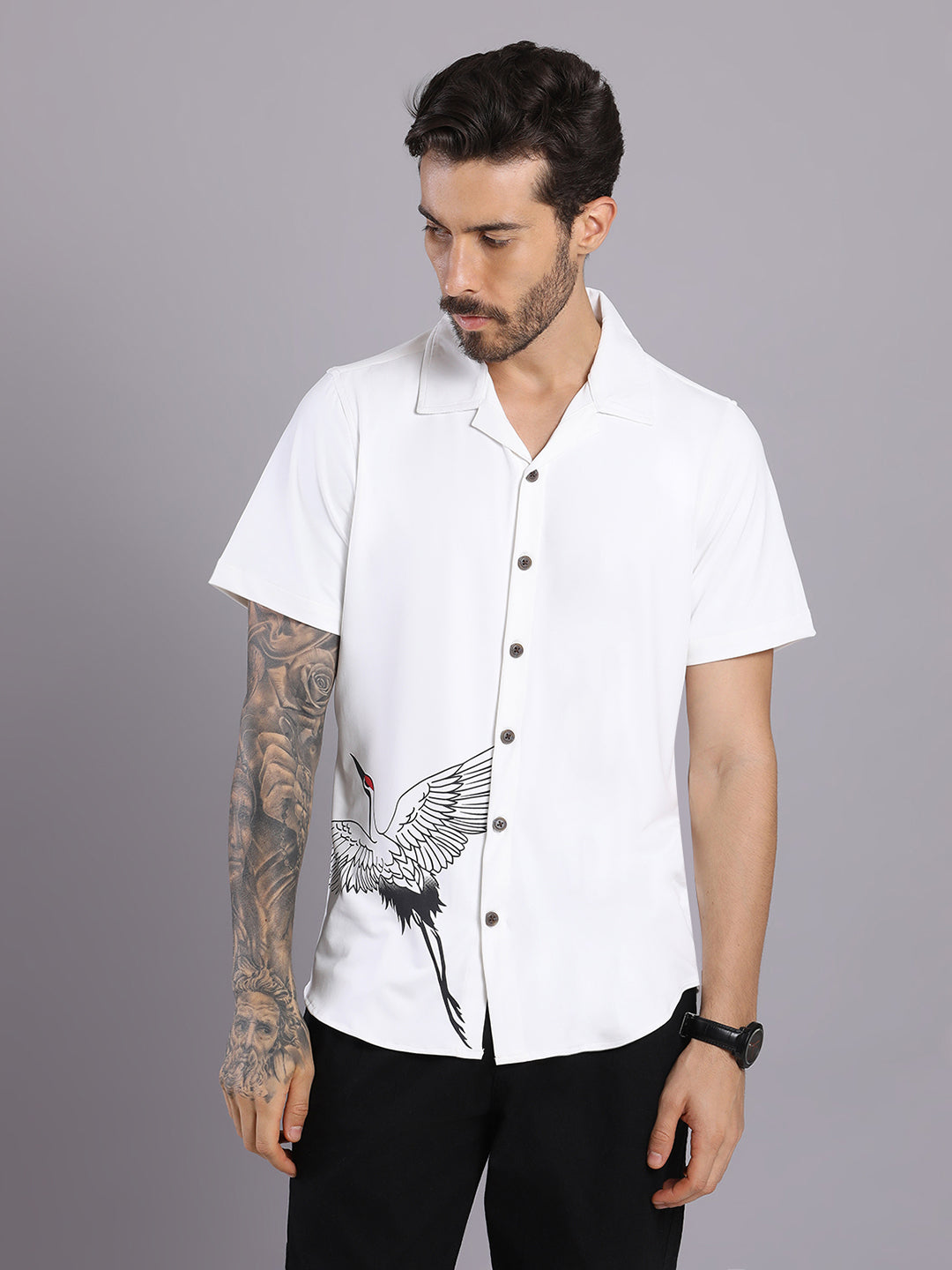 Opaque Printed Knitted Half Sleeve Shirt – Effortless Comfort & Style - White