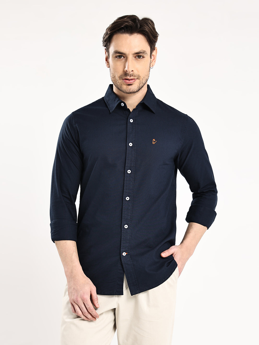 HangerLoop Men’s 100% Cotton Oxford Yarn Dyed Full Sleeve Regular Fit Shirt – Regular Collar - Navy