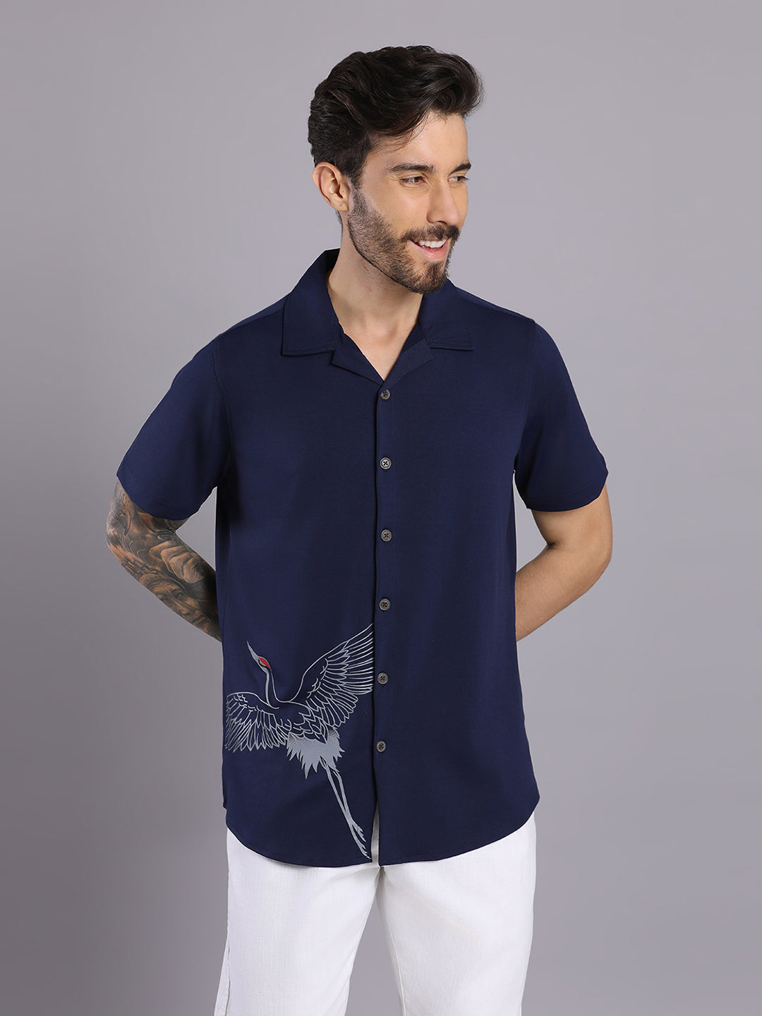 Opaque Printed Knitted Half Sleeve Shirt – Effortless Comfort & Style - Navy
