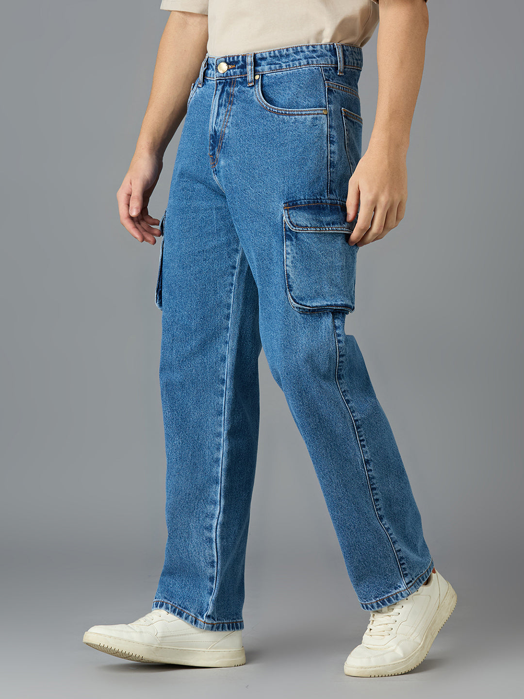 Men Regular Fit Light Fade Blue Cargo Jeans