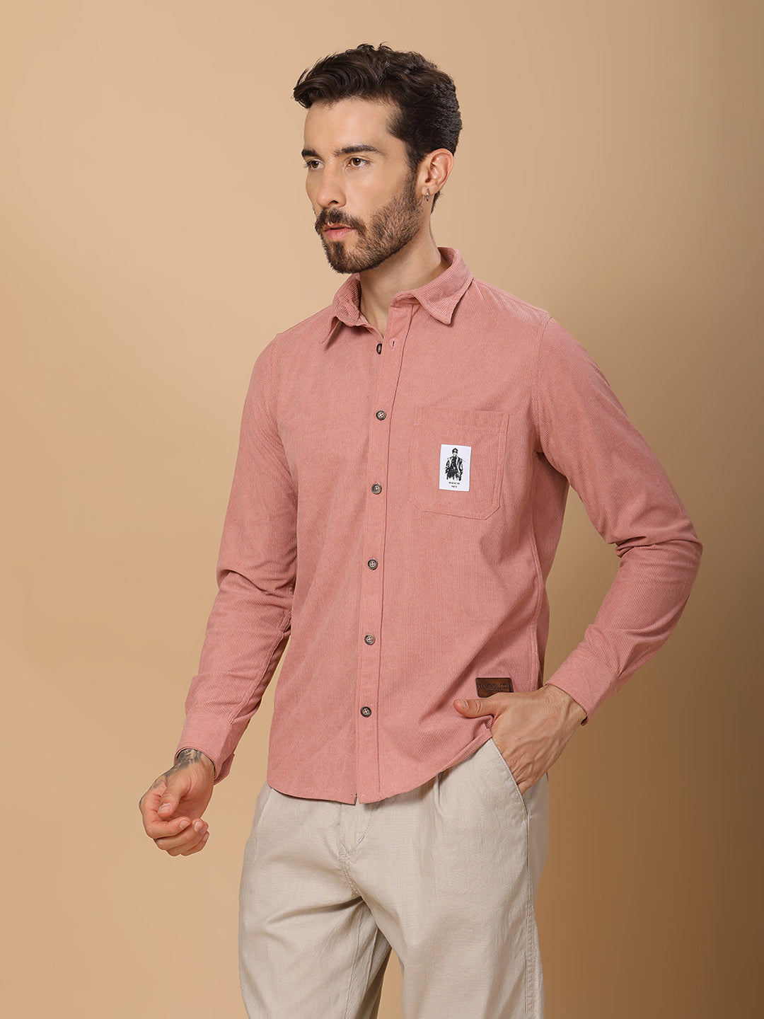 Men’s Corduroy Shirt – Regular Fit, Full Sleeve, Vintage 90’s Style - Peach