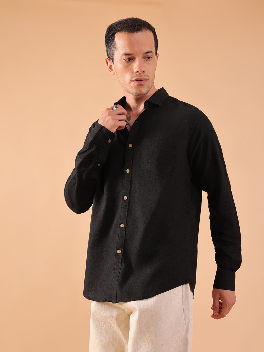 Men's Pure Linen Full Sleeve Shirt - Regular Fit, Cutaway Collar - Black