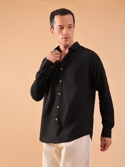 Men's Pure Linen Full Sleeve Shirt - Regular Fit, Cutaway Collar - Black