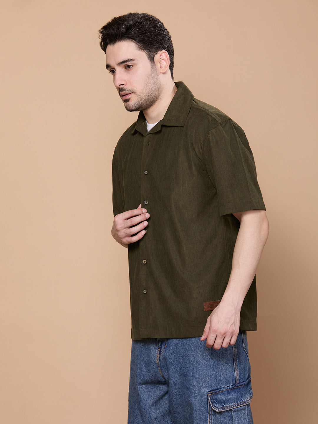Relaxed Fit Half Sleeve Classic Corduroy Shirt - Olive
