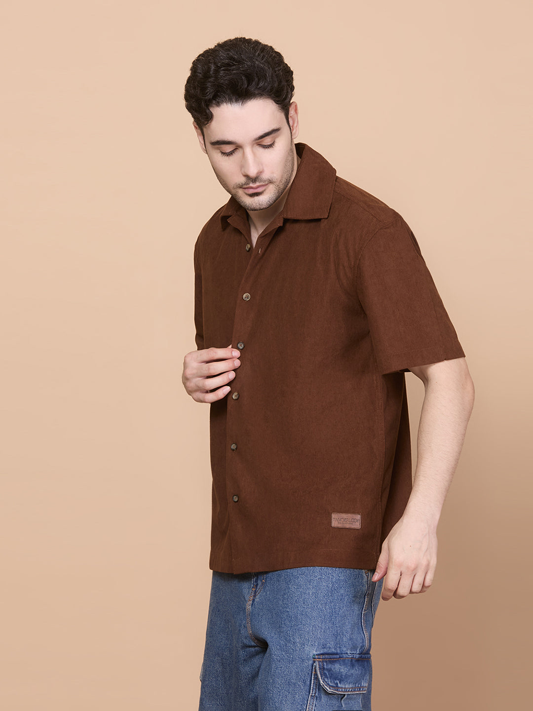 Relaxed Fit Half Sleeve Classic Corduroy Shirt - Brown