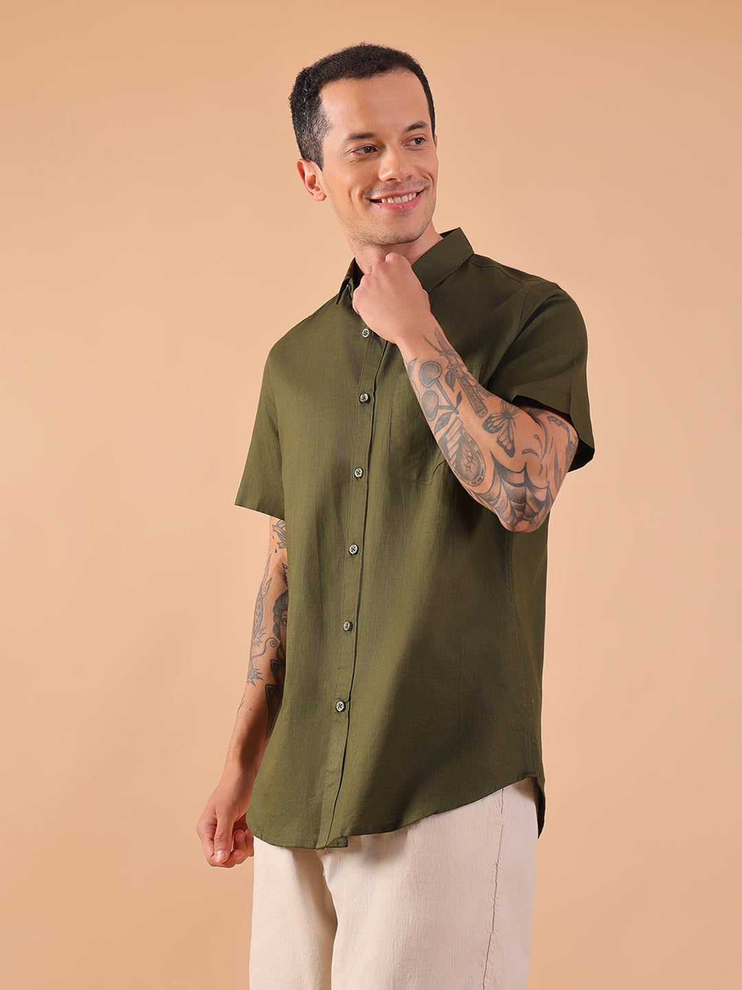 Cotton Linen Half Sleeve Shirt - Regular Fit - Olive