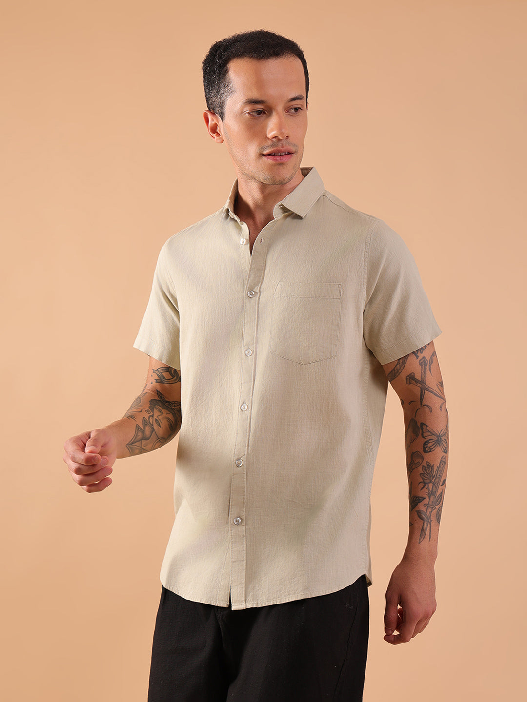 Cotton Linen Half Sleeve Shirt - Regular Fit - Pista