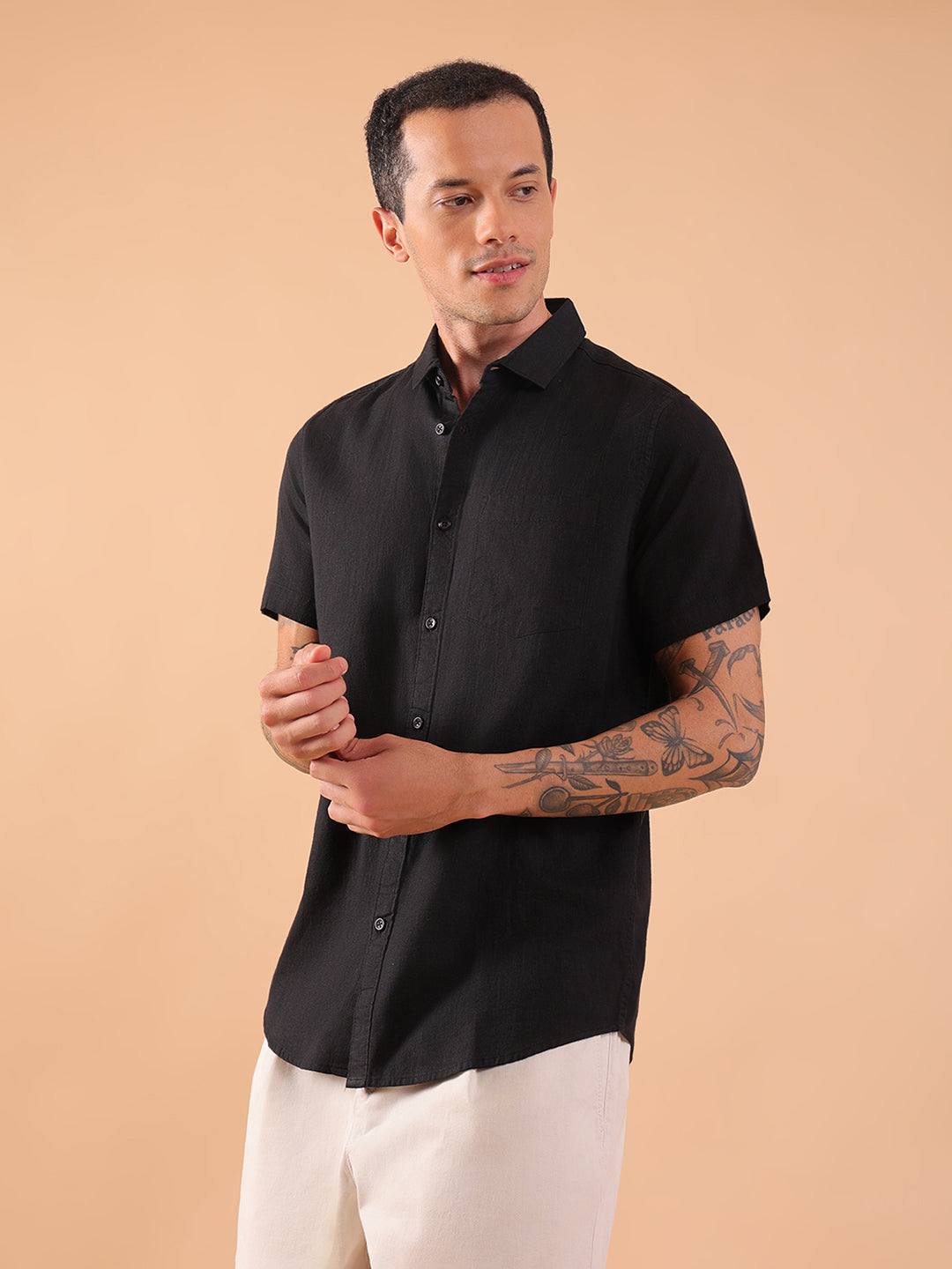 Cotton Linen Half Sleeve Shirt - Regular Fit - Black