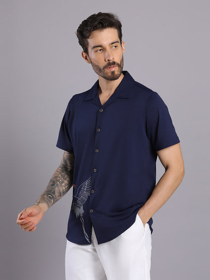 Opaque Printed Knitted Half Sleeve Shirt – Effortless Comfort & Style - Navy