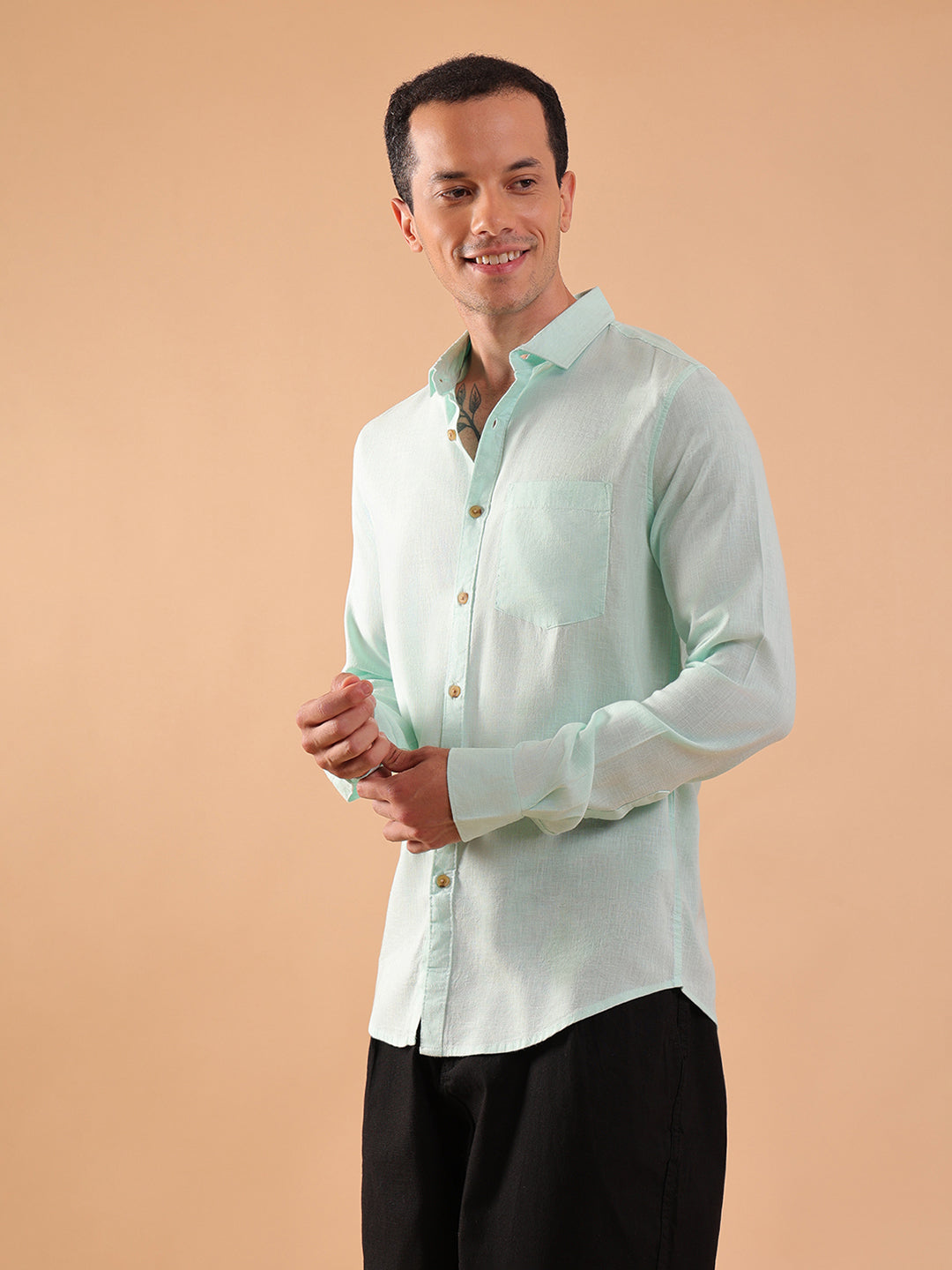 Men's Pure Linen Full Sleeve Shirt - Regular Fit, Cutaway Collar - Aqua