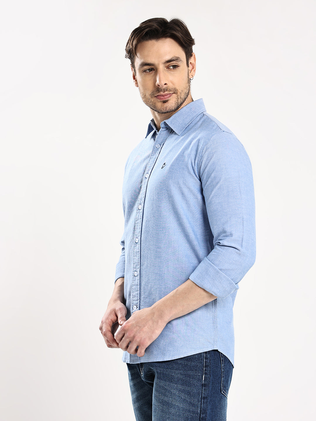 HangerLoop Men’s 100% Cotton Oxford Yarn Dyed Full Sleeve Regular Fit Shirt – Regular Collar - Sky Blue