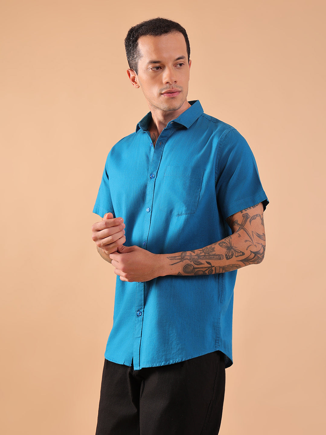 Cotton Linen Half Sleeve Shirt - Regular Fit - Teal