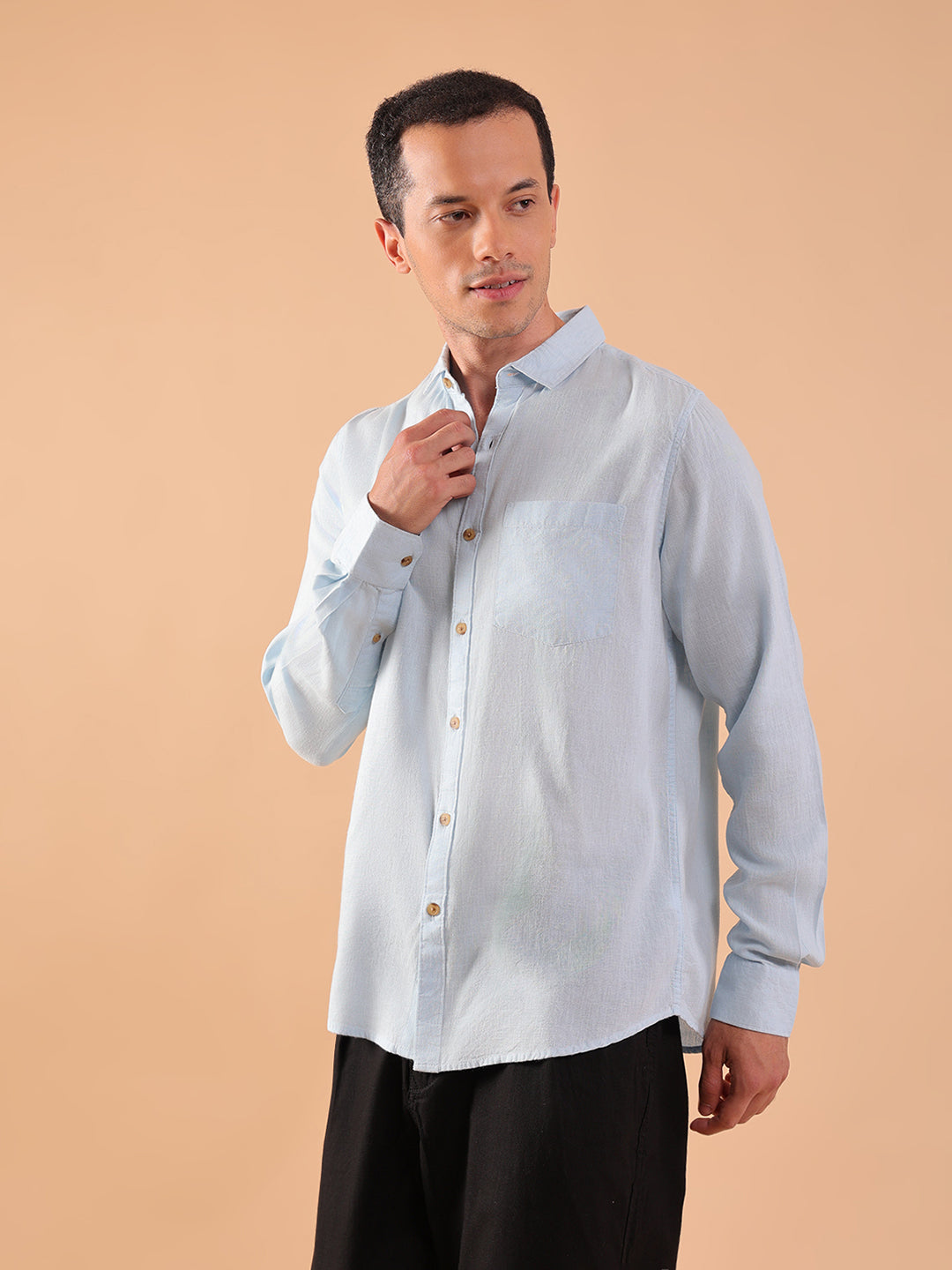 Men's Pure Linen Full Sleeve Shirt - Regular Fit, Cutaway Collar - Blue