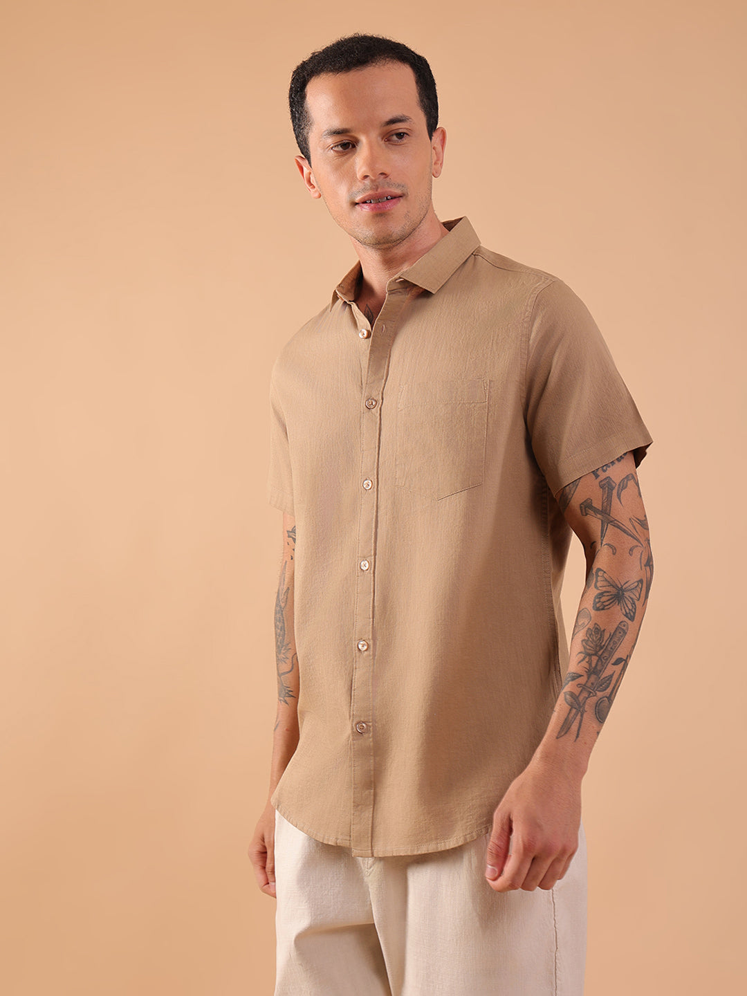 Cotton Linen Half Sleeve Shirt - Regular Fit - Khaki