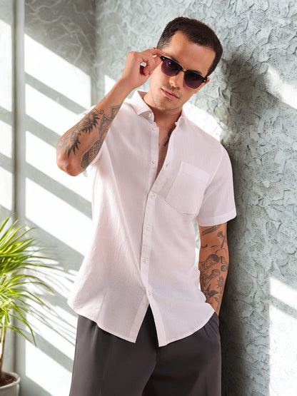 Cotton Linen Half Sleeve Shirt - Regular Fit - White