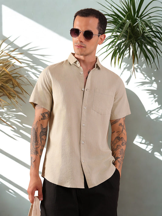 Cotton Linen Half Sleeve Shirt - Regular Fit - Pista