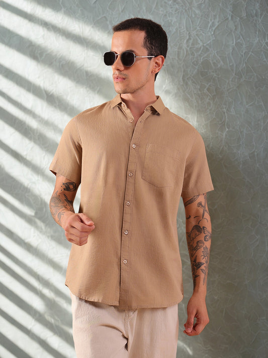 Cotton Linen Half Sleeve Shirt - Regular Fit - Khaki