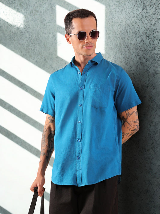 Cotton Linen Half Sleeve Shirt - Regular Fit - Teal