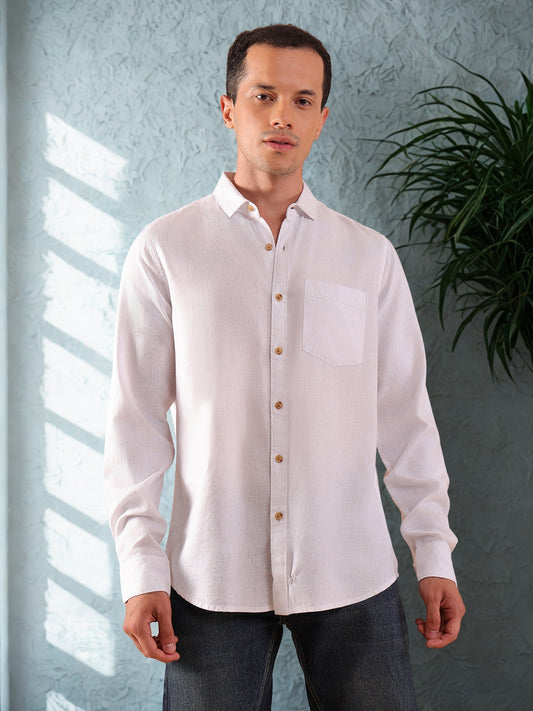 Men's Pure Linen Full Sleeve Shirt - Regular Fit, Cutaway Collar - White