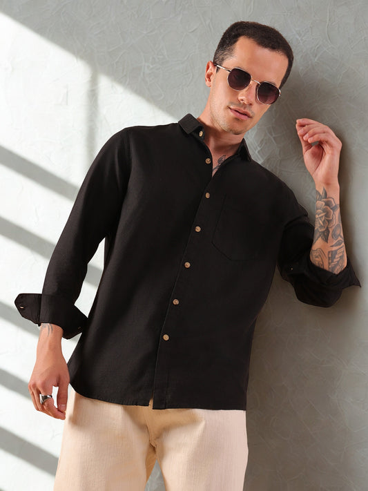 Men's Pure Linen Full Sleeve Shirt - Regular Fit, Cutaway Collar - Black