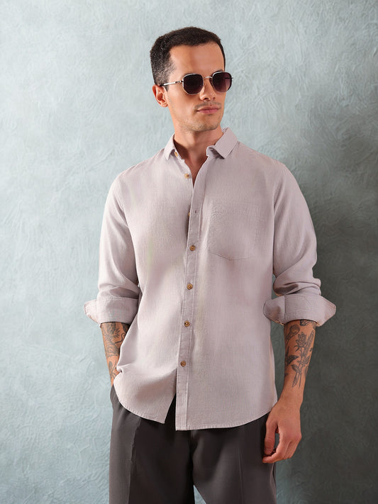 Men's Pure Linen Full Sleeve Shirt - Regular Fit, Cutaway Collar - Grey