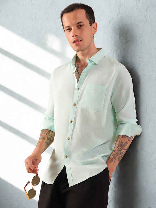 Men's Pure Linen Full Sleeve Shirt - Regular Fit, Cutaway Collar - Aqua