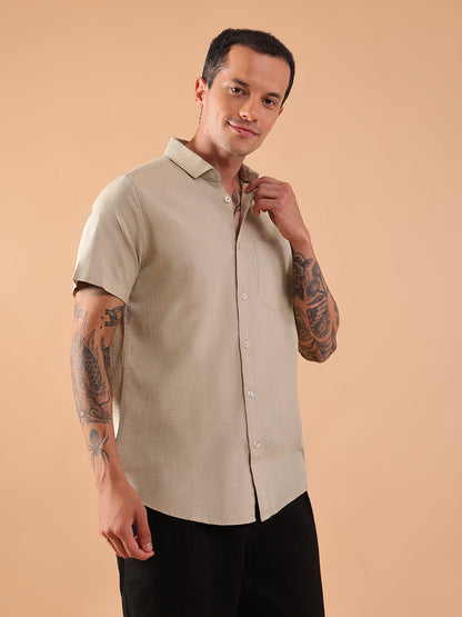 Cotton Linen Half Sleeve Shirt - Regular Fit - Pista