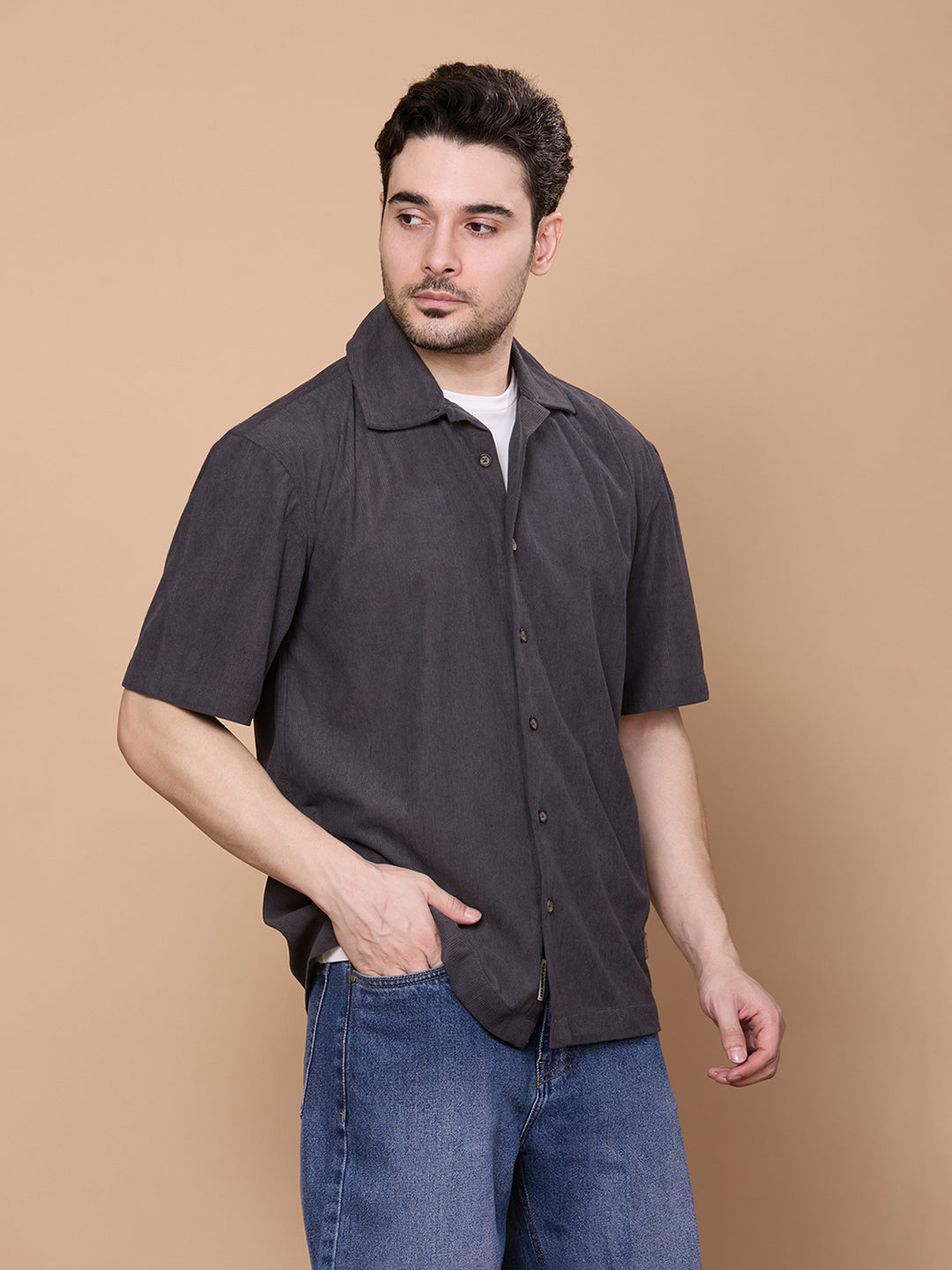 Relaxed Fit Half Sleeve Classic Corduroy Shirt - Dark Grey