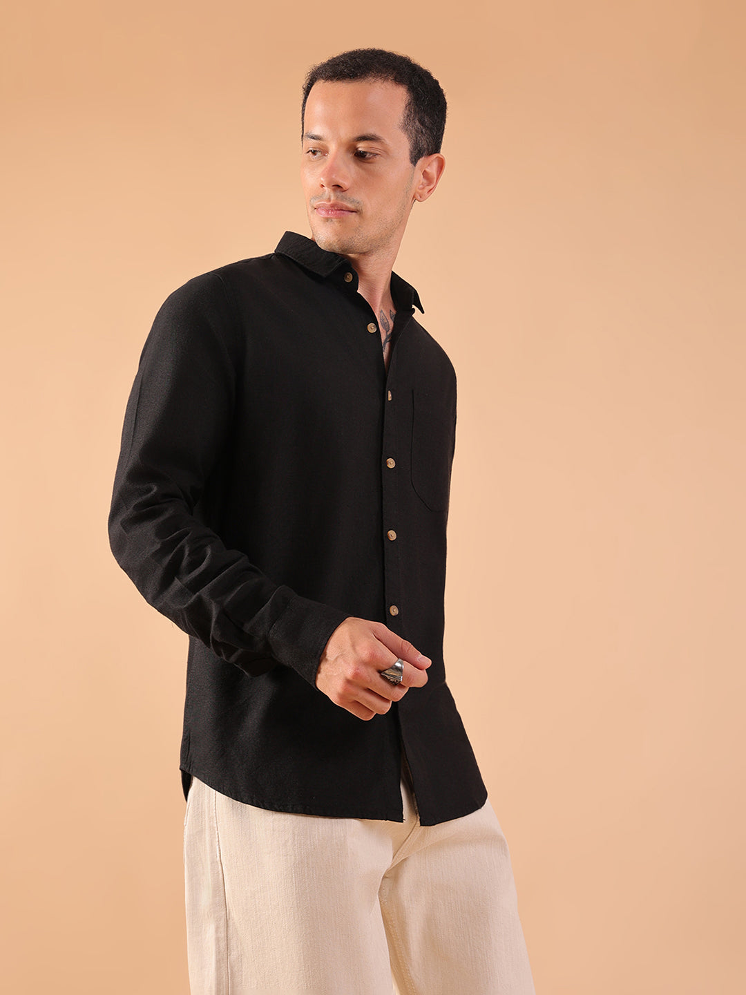 Men's Pure Linen Full Sleeve Shirt - Regular Fit, Cutaway Collar - Black