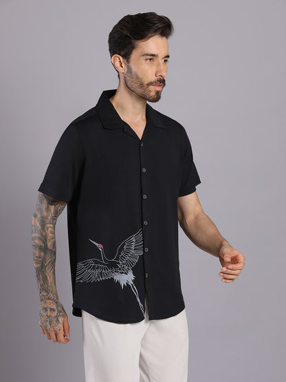 Opaque Printed Knitted Half Sleeve Shirt – Effortless Comfort & Style - Black