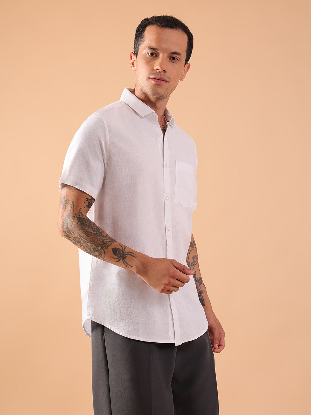 Cotton Linen Half Sleeve Shirt - Regular Fit - White