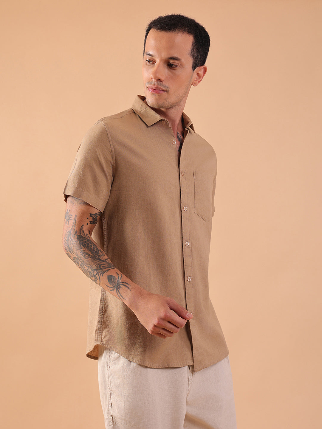 Cotton Linen Half Sleeve Shirt - Regular Fit - Khaki