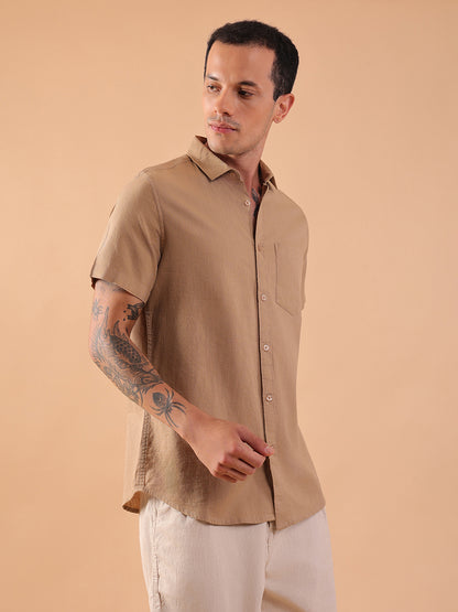 Cotton Linen Half Sleeve Shirt - Regular Fit - Khaki