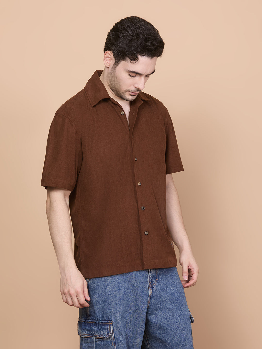 Relaxed Fit Half Sleeve Classic Corduroy Shirt - Brown