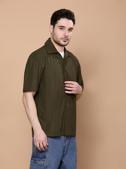 Relaxed Fit Half Sleeve Classic Corduroy Shirt - Olive