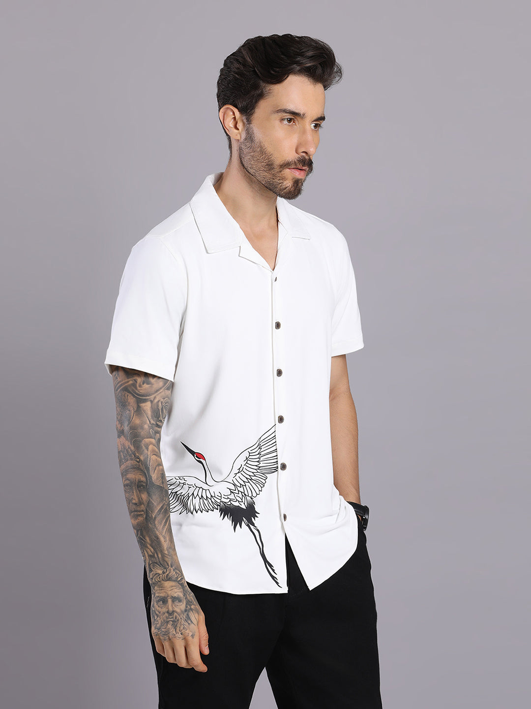 Opaque Printed Knitted Half Sleeve Shirt – Effortless Comfort & Style - White