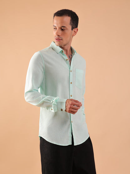 Men's Pure Linen Full Sleeve Shirt - Regular Fit, Cutaway Collar - Aqua