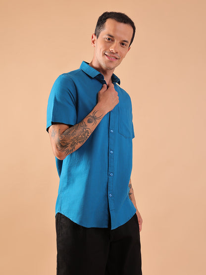 Cotton Linen Half Sleeve Shirt - Regular Fit - Teal