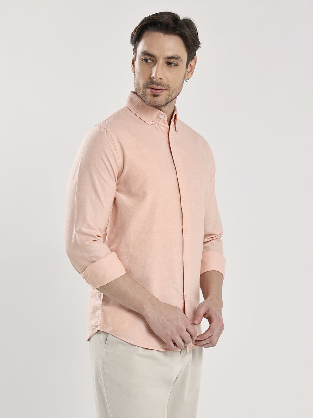 HangerLoop Men’s 100% Cotton Oxford Yarn Dyed Full Sleeve Shirt – Button Down Collar | Regular Fit - Peach