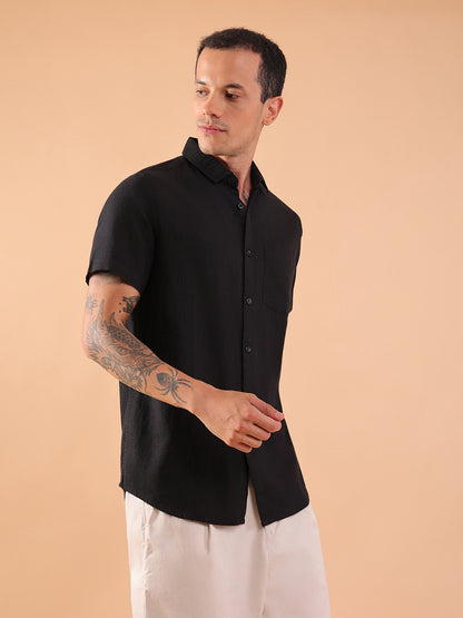 Cotton Linen Half Sleeve Shirt - Regular Fit - Black