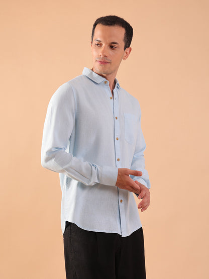 Men's Pure Linen Full Sleeve Shirt - Regular Fit, Cutaway Collar - Blue