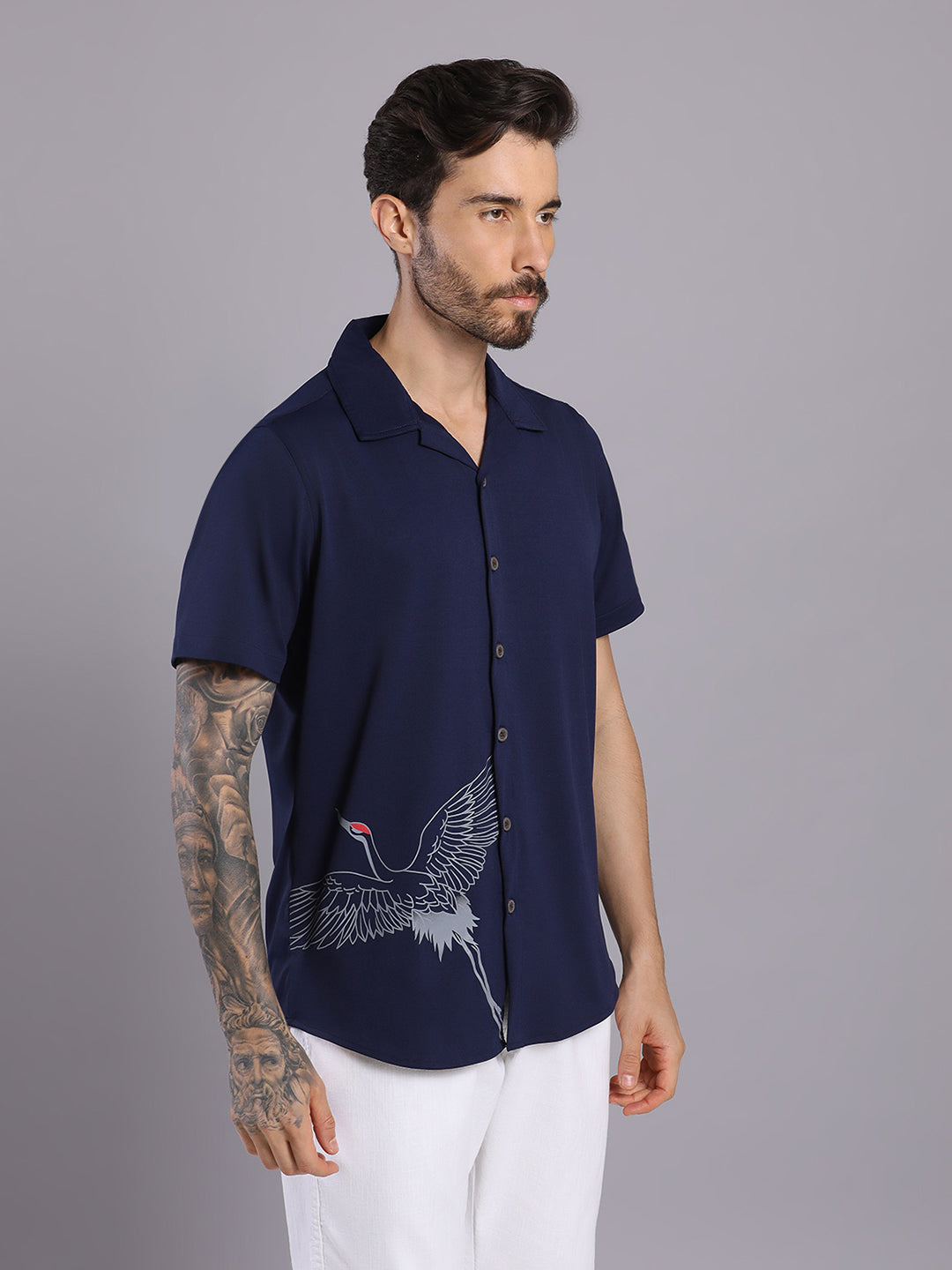 Opaque Printed Knitted Half Sleeve Shirt – Effortless Comfort & Style - Navy