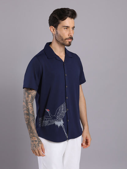 Opaque Printed Knitted Half Sleeve Shirt – Effortless Comfort & Style - Navy