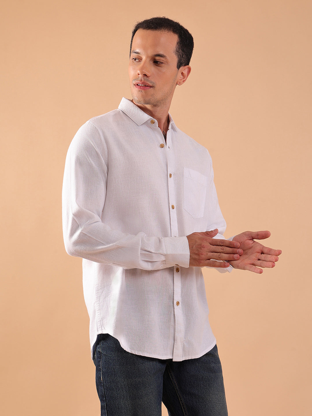 Men's Pure Linen Full Sleeve Shirt - Regular Fit, Cutaway Collar - White