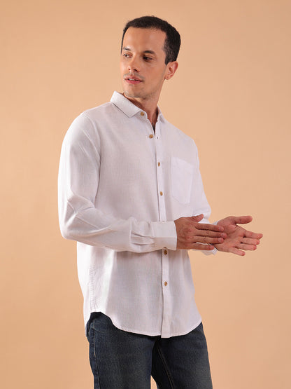 Men's Pure Linen Full Sleeve Shirt - Regular Fit, Cutaway Collar - White